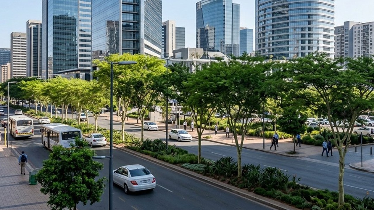 AI-generated photorealistic context: A wide realistic view of a modern business district in Johannesburg, South Africa, with contemporary architecture and a tree-lined street